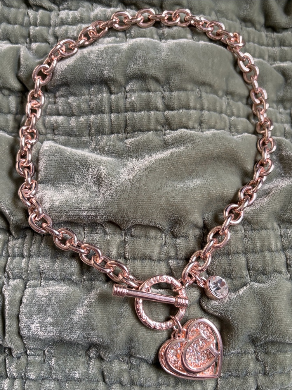 GUESS Rose Gold Heart Charm Toggle Necklace